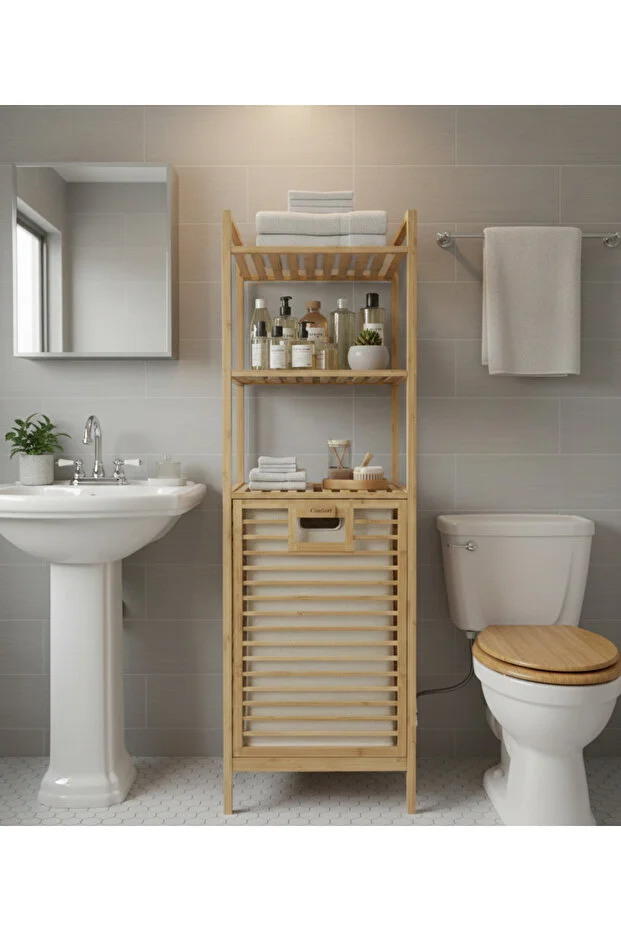 Doğal Bambu Kirli Çamaşır Sepeti ve 3 Raflı Banyo Düzenleyici